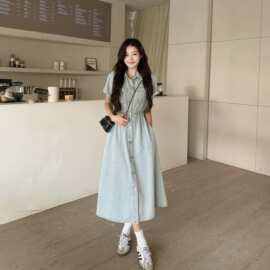 大码女装2026夏季新款短袖开衫牛仔连衣裙韩版时尚收腰显瘦中长裙