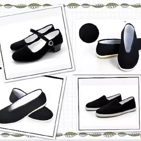 Old Beijing Cloth Shoes for Children - Black Cloth Shoes for Girls, Dance and Etiquette Shoes with Square Buttons, Republican Era Student Red Army Shoes in Black