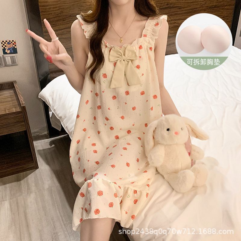 2025 Summer Padded Nightgown Bubble Cotton Suspender Nightgown Women's Sweet Japanese Style Sleeveless Petite Home Wear