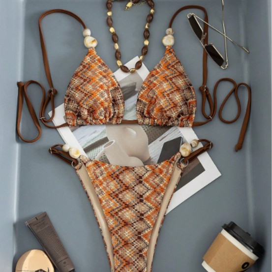 Damesbikini set met slangenprint, satijnen beige top en hoog taillebroekje, Europese/Amerikaanse stijl._voghion.com