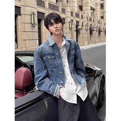 miu系复古水洗拼接短款假两件牛仔夹克男秋宽松休闲美式翻领外套