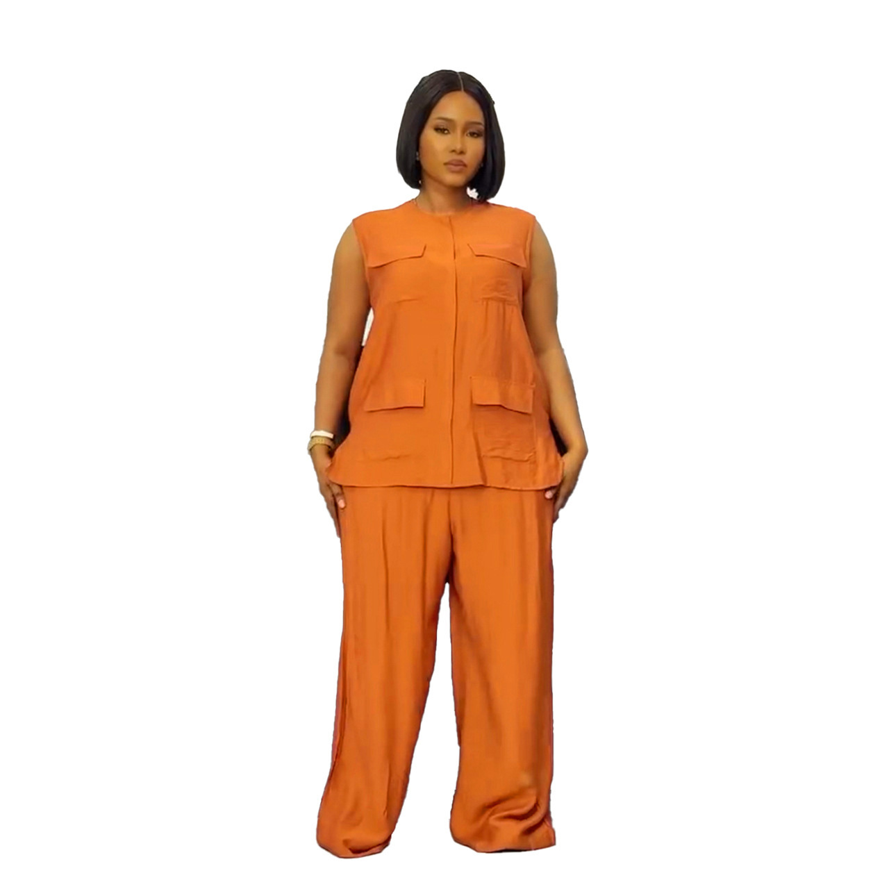 Elegant Sleeveless Vest & Wide-Leg Pants Set – Breathable Polyester Two-Piece Outfit (White/Pink/Yellow/Orange, S-3XL)​_ecoleips.com