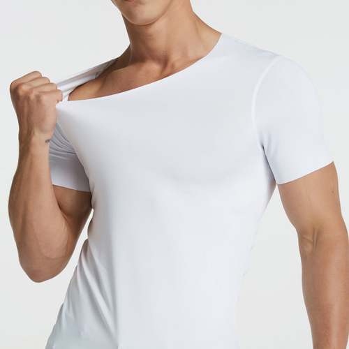 Men's Ice Silk Invisible Seamless Short-Sleeve T-Shirt Slim Fit Base Shirt Half-Sleeve Top Underwear Sweat Absorbent Shirt Summer Thin Backless Shirt