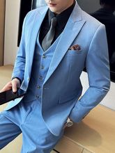 蓝色西装三件套新款一粒扣休闲商务修身简约时尚礼服西服套装潮男
