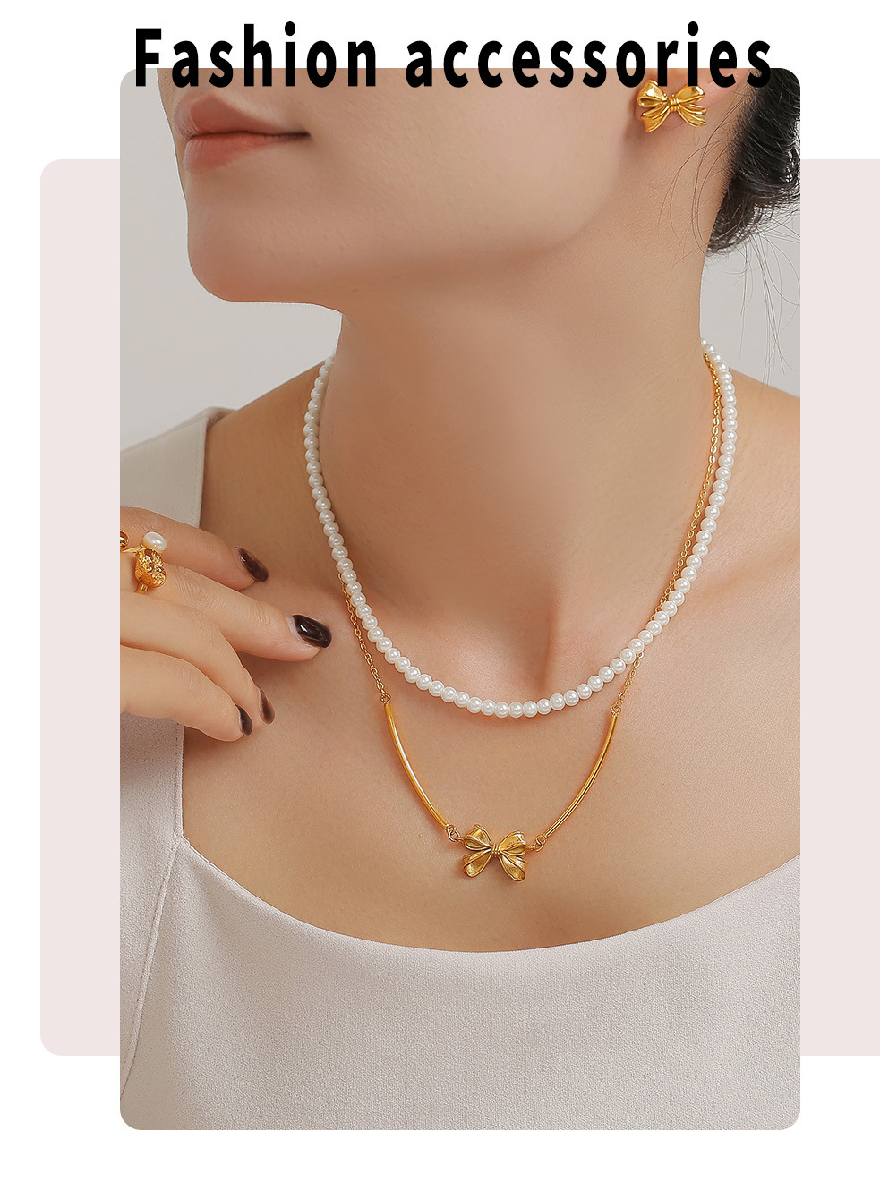 Collana con fiocco e orecchini vintage con dolce principessa, set di perline impilate e catena per clavicola_voghion.com