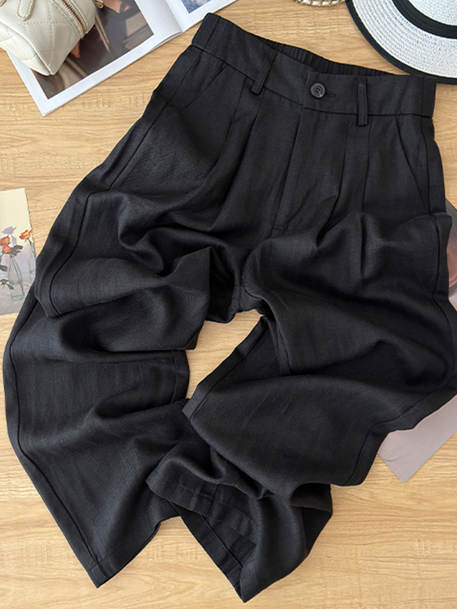 Quần ống rộng vải lanh Tencel cạp cao mỏng mùa hè — Màu đen, Màu hồng, Màu mơ, Kaki