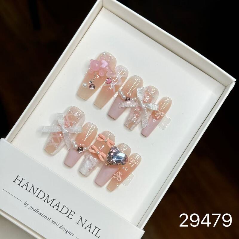 【純手作りのつけ爪29-32】ロングフレンチキャットアイパッチ付け爪、取り外し可能なネイルアートコレクション|undefined