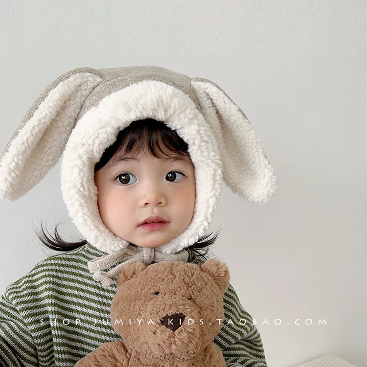 Корейская версия ins детская шляпа девушка милая кролик шляпа иностранная девушка толстая плюшевая шляпа 1 год ребенок пуловатная шляпа
