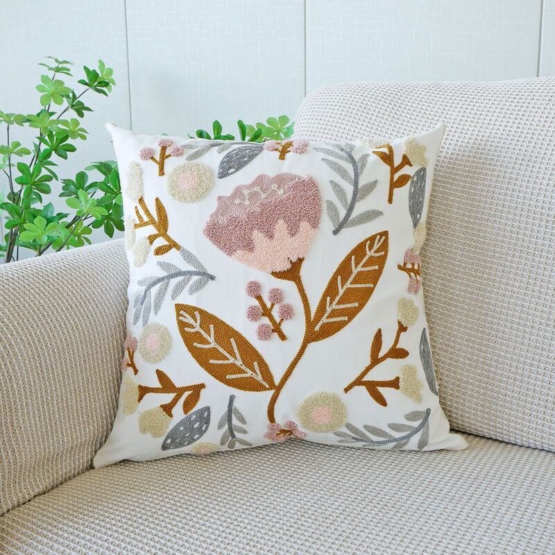植物と花の刺繍入り枕カバー、田舎風タオル刺繍ソファ枕、ベッドサイドクッション、オフィス腰枕|undefined