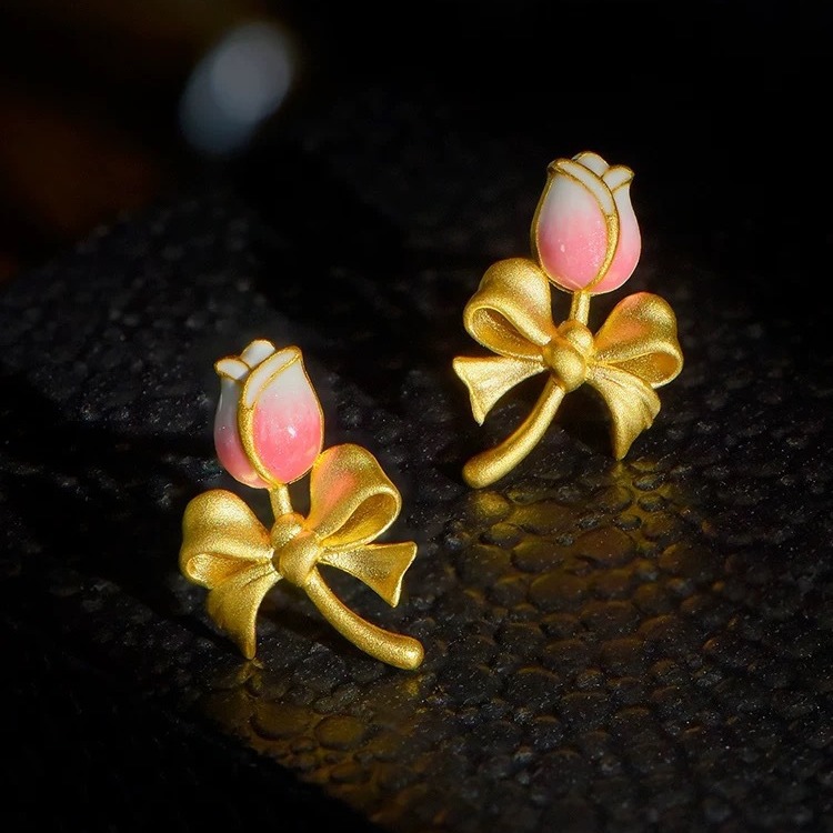 Orecchini a tulipano in smalto color oro sabbia, orecchini a fiocco con fiori sfumati, temperamento alla moda, regalo di San Valentino per la fidanzata_voghion.com