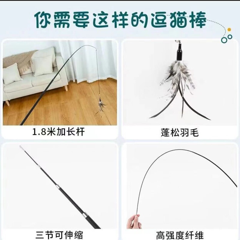 猫面白いスティック伸縮ロッドロングロッド格納式鋼線 1.8 メートルロング釣竿羽交換ヘッドベルペットのおもちゃ|undefined