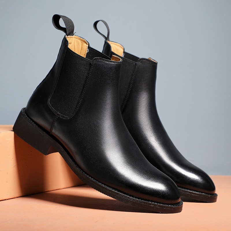 Men's Leather High-top Boots Pointed-toe Slip-on Chukka Shoes_voghion.com