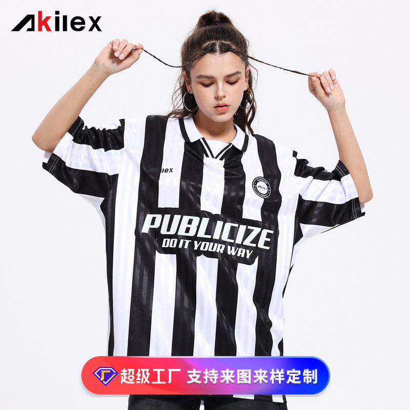 Akilex Brand Letter Stripe Retro Jersey Sports Short-Sleeve T-Shirt Spring American Style Couple's Jersey Top Cross-Border