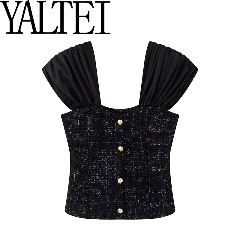 Za Cross-Border Aliexpress Ins European and American Foreign Trade Women's Fashion Bubble Short-Sleeve Tweed Patchwork Vest Top