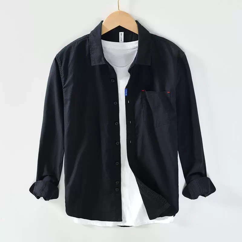 1305 Японская оксфордская хлопковая рубашка, Повседневная однотонная Свободная рубашка с длинным рукавом, Мужская цельная волосы