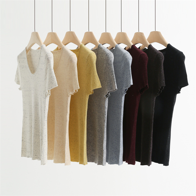Colorful Yarn Linen Wool Curled U-Neck Short-Sleeved Knitwear T-Shirt Women's Autum Slim Bottoming Shirt Top A65350
