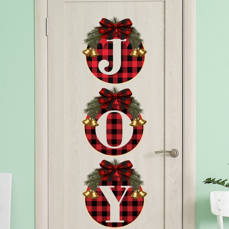 新しいクリスマスアイデアJOY楽しい赤黒格花輪門掛祝日パーティー装飾壁貼り|undefined