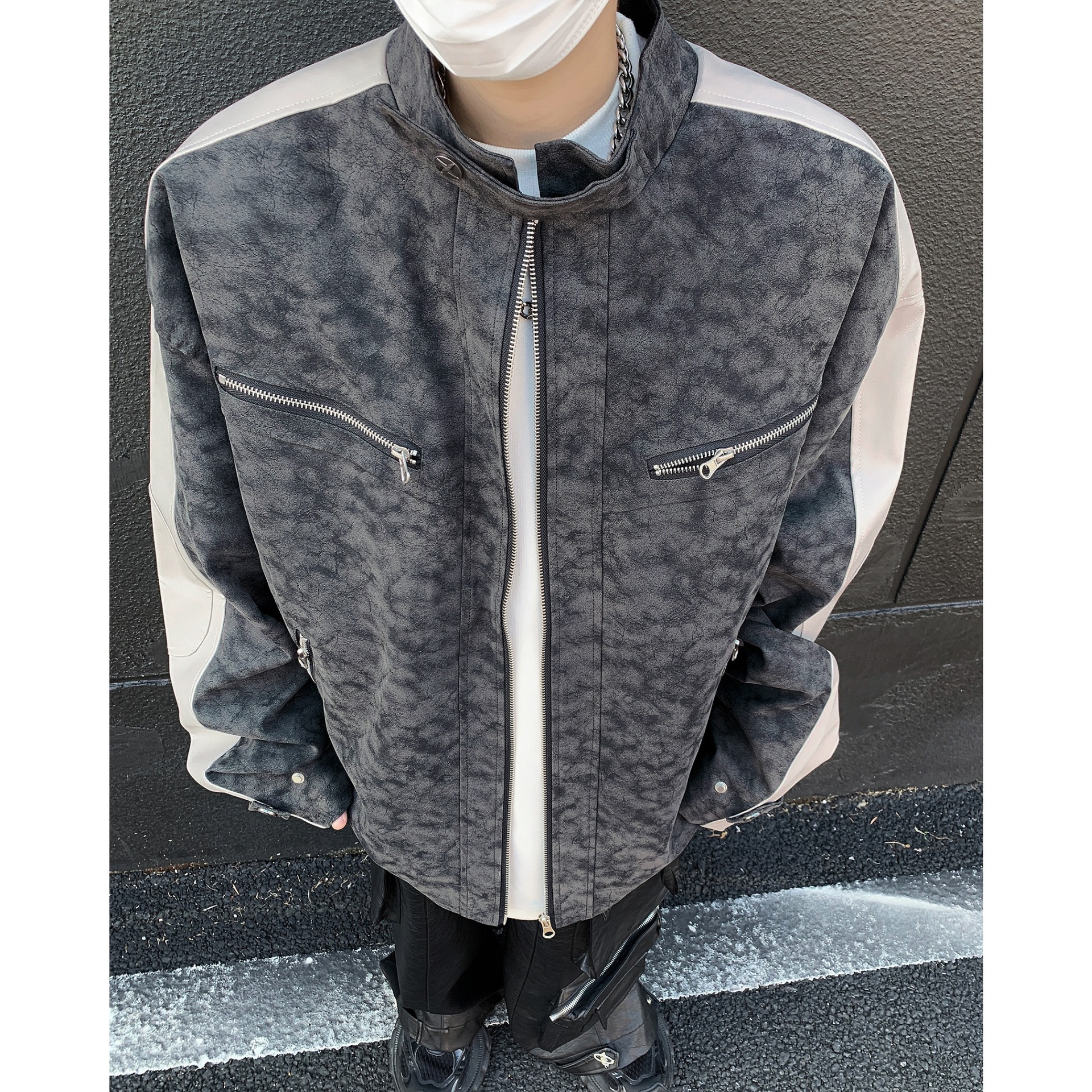 Vintage Texture Vintage Trendy Motorcycle Contrasting Splicing Jacket Jacket_voghion.com