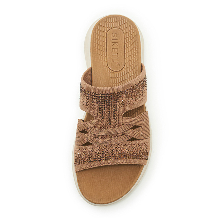 Dép sandal nữ xỏ ngón đế bệt đính đá lấp lánh — màu nâu, màu đen, xanh lam, màu mơ chi tiết 40