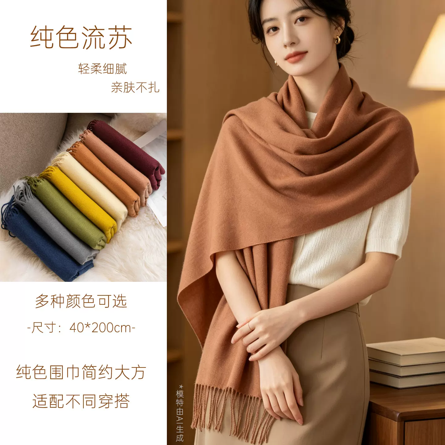 外贸新款纯色美拉德仿羊绒围巾女秋冬高级感韩系百搭围脖保暖披肩