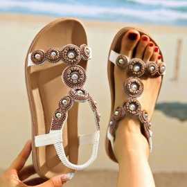 亚马逊wish2025外贸新款罗马平底花朵一字大码鞋43码波西米亚凉鞋