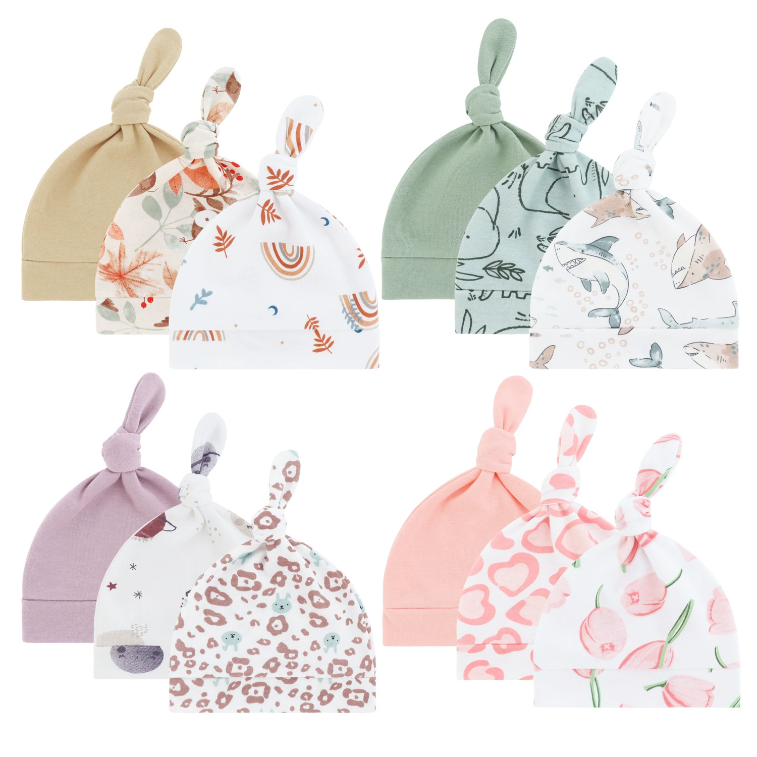 Детский комплект шапочек из чистого хлопка для новорожденных, с мультяшными рисунками, милые завязанные шапочки, шапочки с хвостиком, для мальчиков и девочек.