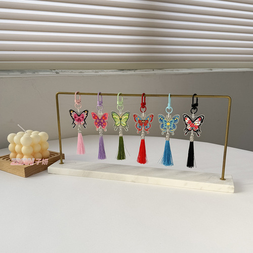 New Chinese style national style colorful butterfly tassel keychain girl heart schoolbag lanyard bestie mobile phone pendant decoration