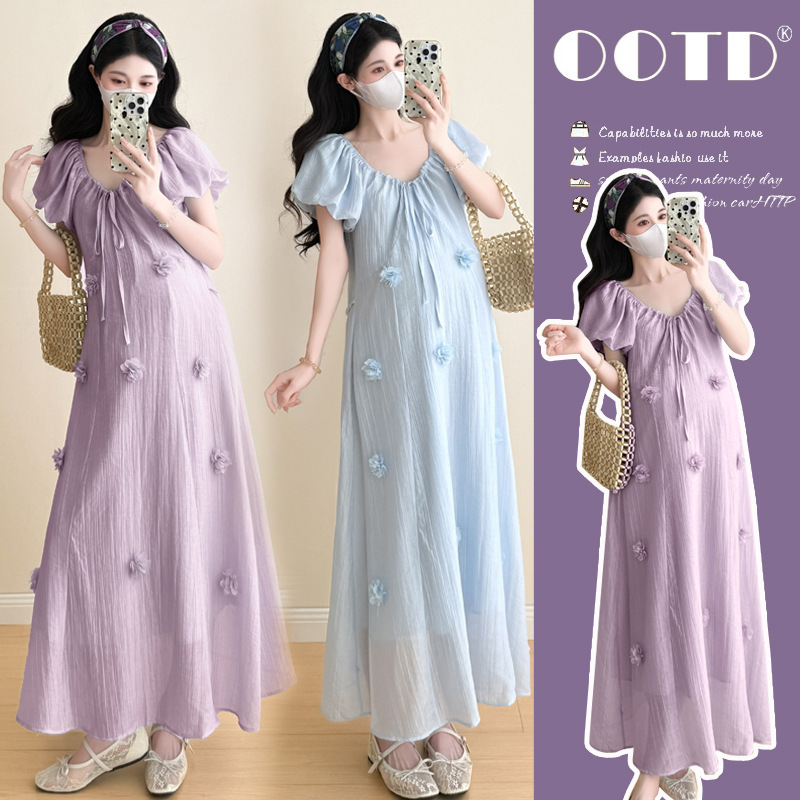 2026 Summer Style Three-Dimensional Floral Maternity Dress Tencel Breathable Korean Style Sweet Over-The-Knee Maternity Dress