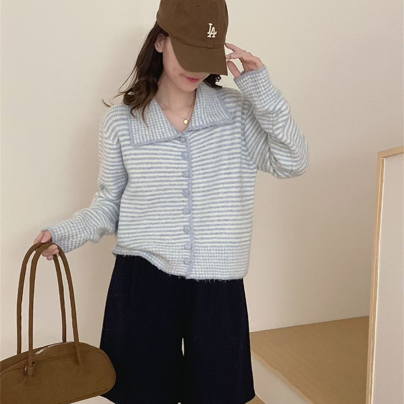 韩系简约条纹翻领毛衣开衫女秋冬新款宽松复古单排扣针织上衣外套|undefined