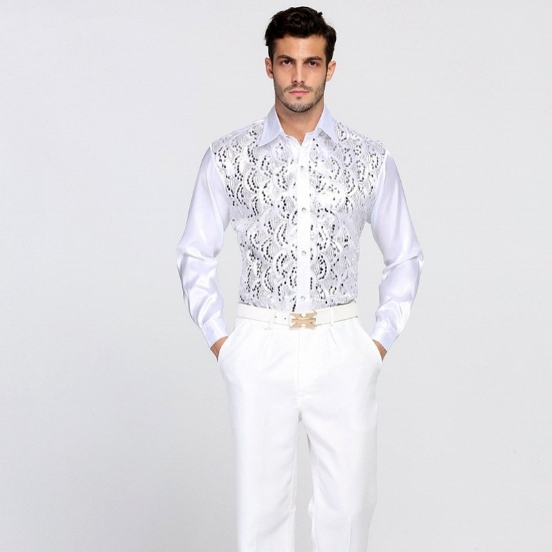 Comercio exterior transfronterizo Camisa de lentejuelas de los hombres traje de rendimiento coro adulto traje de escenario danza rendimiento camisa de manga larga