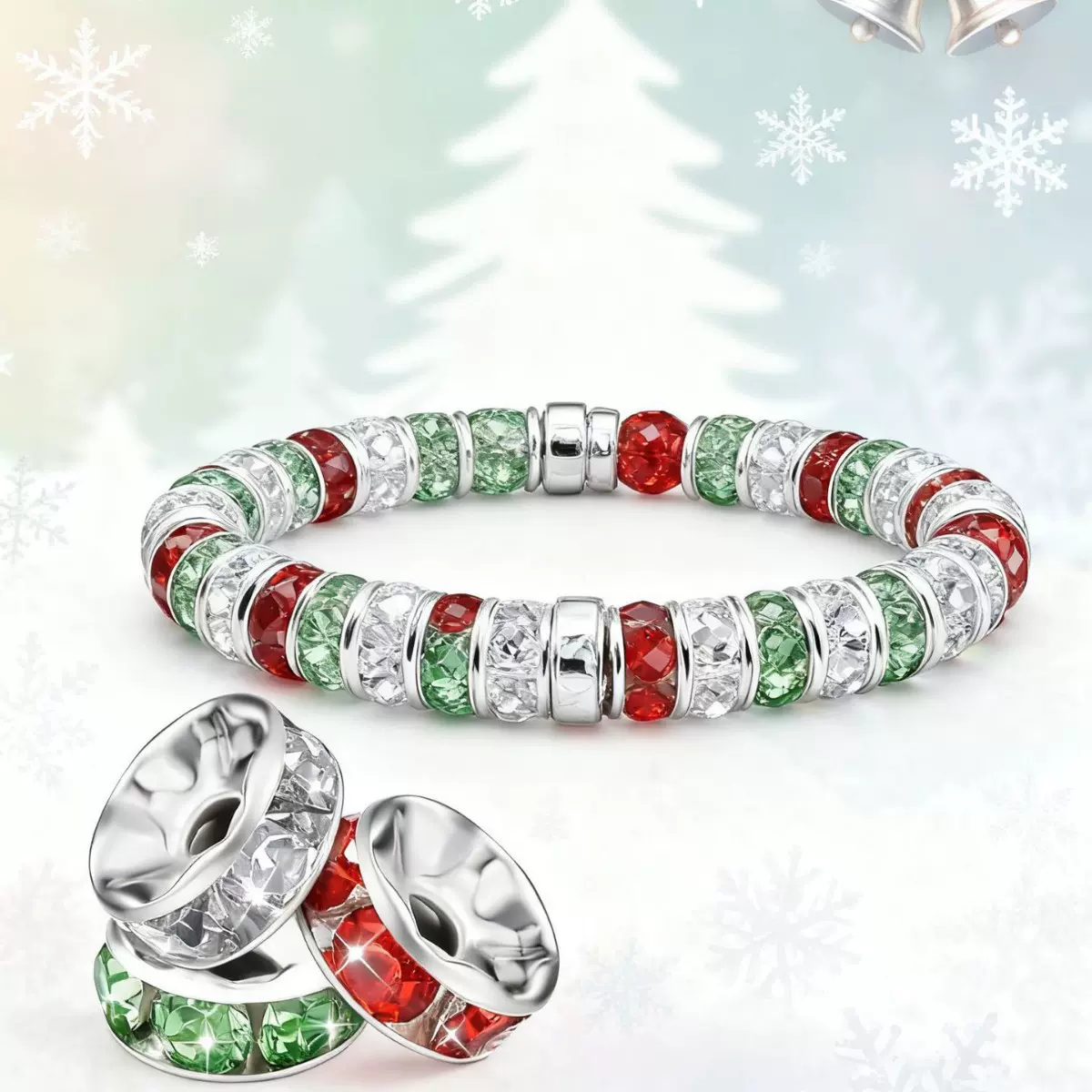 圣诞节红绿白 8 毫米水晶水钻隔珠套装 -  DIY 珠宝制作、手镯、