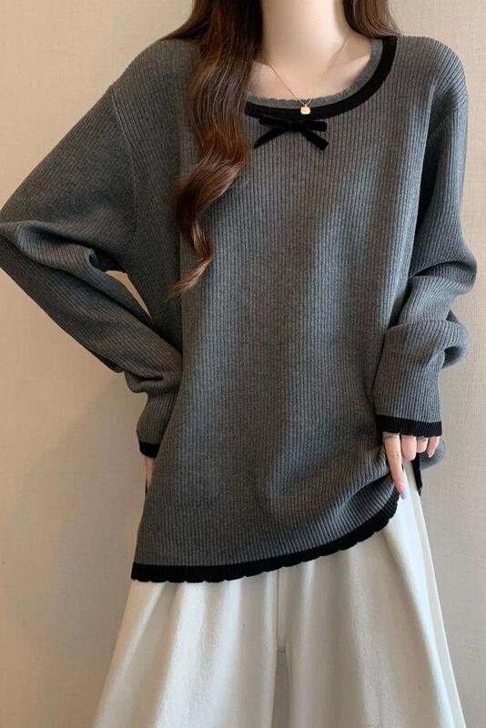 French-Style Right Shoulder Bow Lace Contrast Color Knit Sweater for Women, Autumn Plus Size, Slimming Design Sweater Top