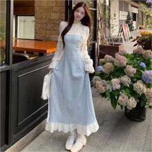 静水流深 法式甜美气质套装秋季新款收腰背带连衣裙甜美两件套女
