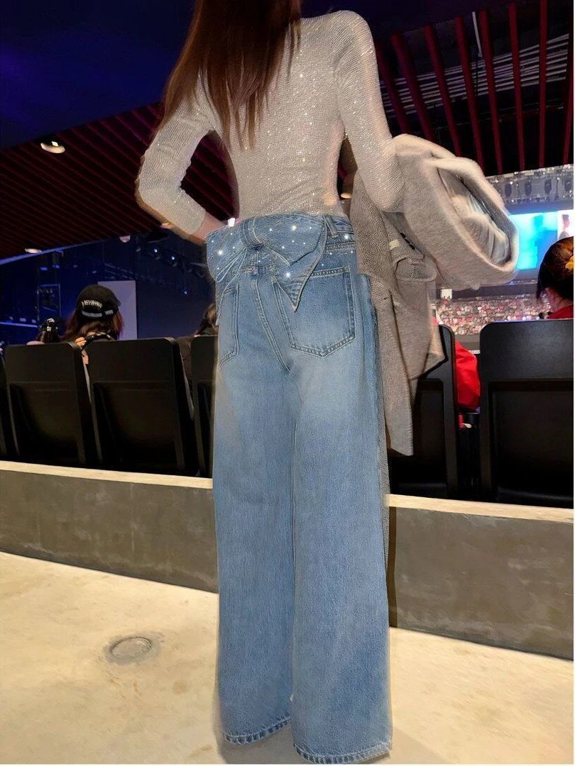 Damesjeans in retrostijl met afneembare strik en strass-sterretjes, losse pasvorm, casual broek voor de lente en herfst._voghion.com