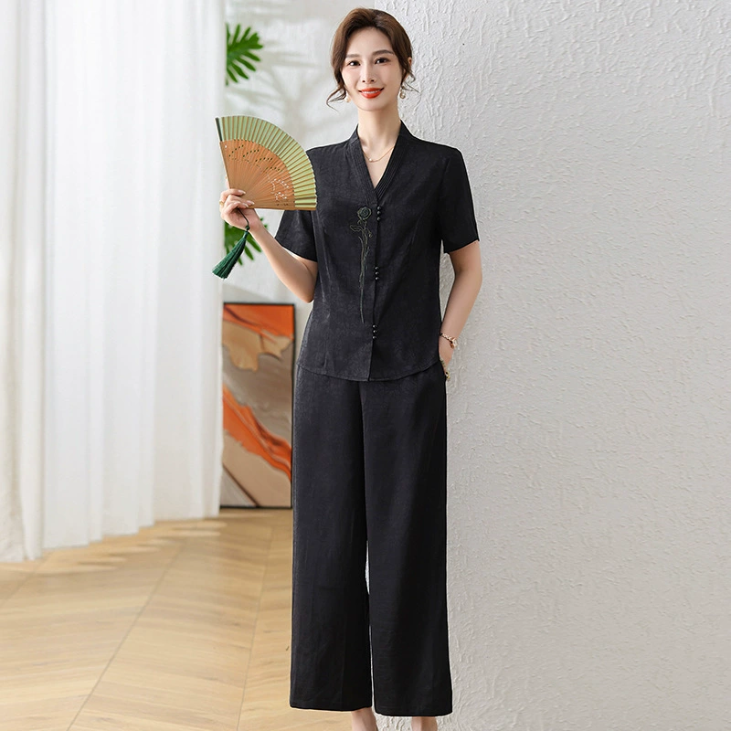Среднее и старое женское летнее платье новый ароматный облачный набор пряжи мама новый китайский стиль с короткими рукавами маленькая рубашка летняя свободная одежда