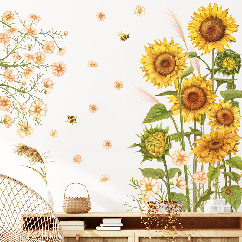 爱客新品太阳花植物向日葵墙贴客厅卧室沙发背景贴蝴蝶自粘贴画