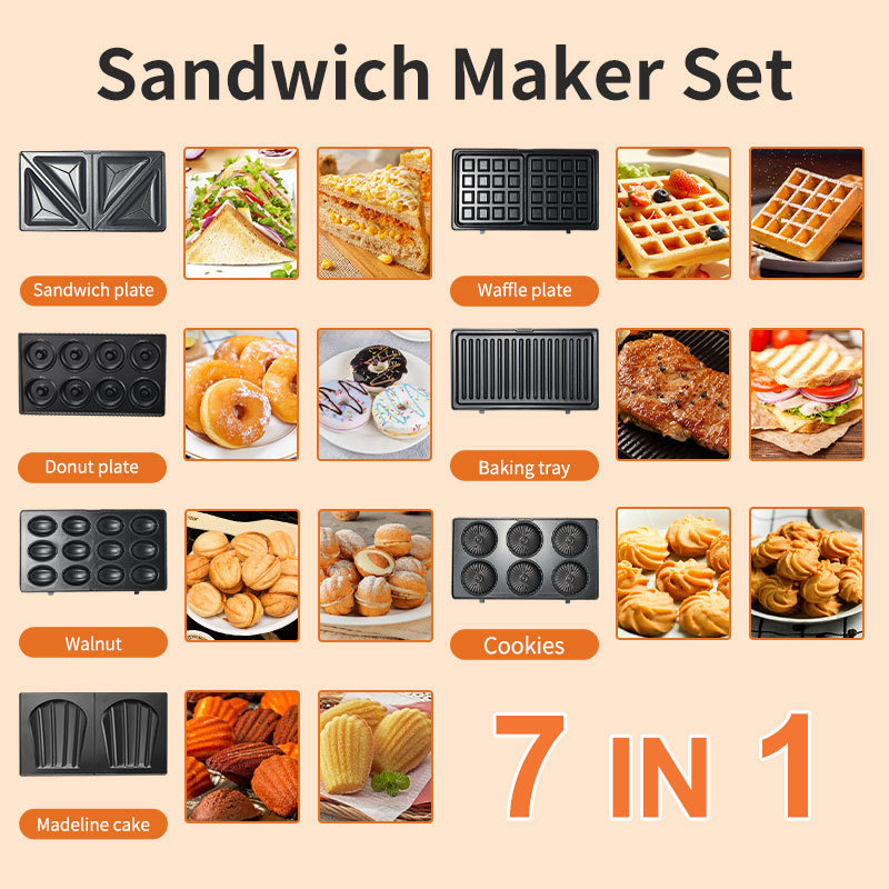 Hogar 7-en-1 sandwichera waffle máquina donut máquina tuerca máquina carne máquina pastel desayuno máquina 7in1