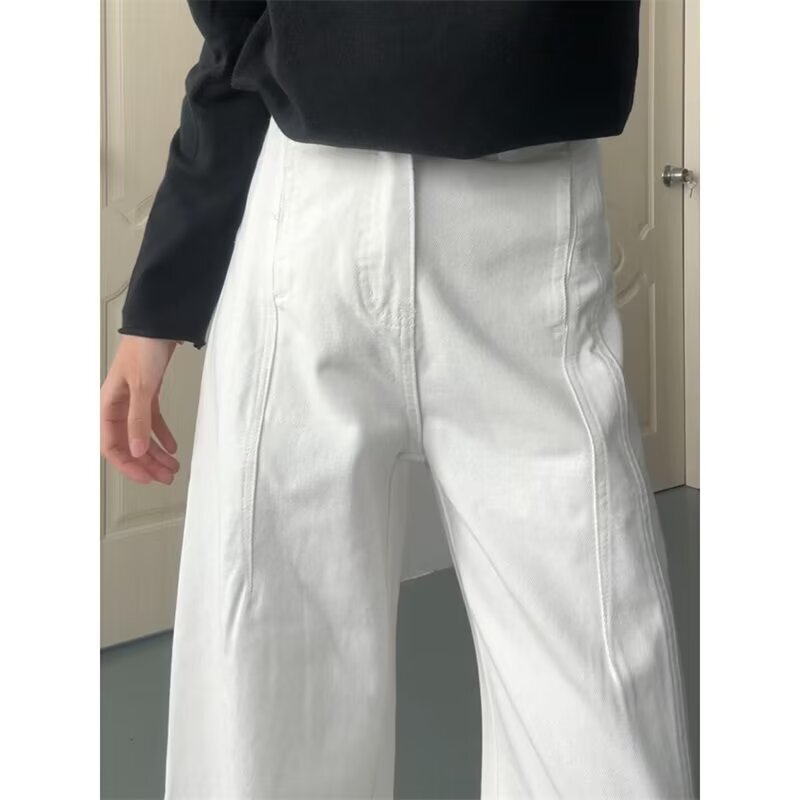 大码白色拼接设计感水洗弯刀牛仔裤女夏季新款宽松显瘦阔腿长裤子|undefined