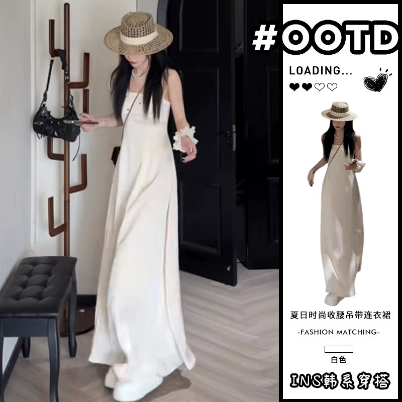 Белое французское платье-подвязка для женщин, лето 2025, новый стиль, маленькое, для отдыха на море, пляжное, длинное платье