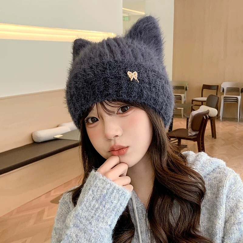 可爱毛线帽子女秋冬超萌韩版猫耳朵女生针织套头帽保暖毛绒帽冷帽|undefined