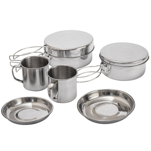 Outdoor stainless steel pot set 8-piece tableware set portable bowl barbecue pot mountaineering 5-6 person folding set camping