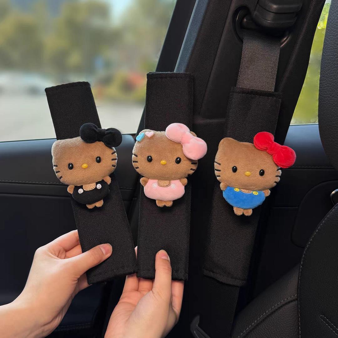 Black Leather Mini Hello Kitty Seatbelt Shoulder Pads, Cute Car Interior Accessories, New Car Gift