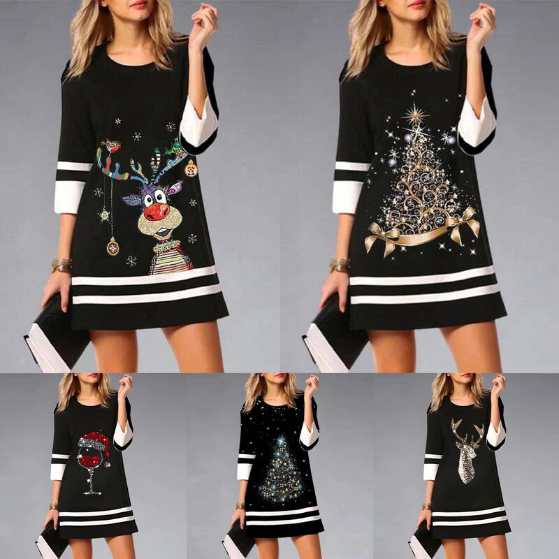 2023 cross-border foreign trade women's wish AliExpress independent station Christmas printed 3/4 sleeve mini dress spot 2023 cross-border foreign trade women's wish AliExpress independent station Christmas printed 3/4 sleeve mini dress spot