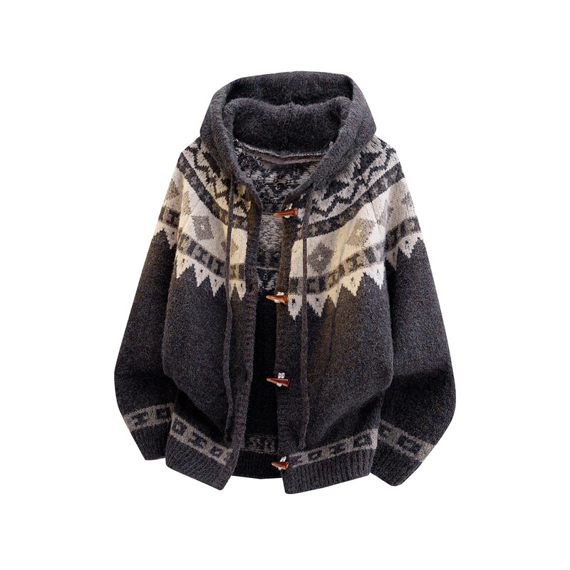 Fair Island Thick Hooded Sweater Cardigan Jacket for Men and Women, High-End Autumn and Winter New Knit Top Fairisle