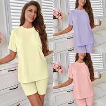 跨境外贸睡衣女纯色仿棉拉架弹力圆领短袖短裤可外穿家居服修身