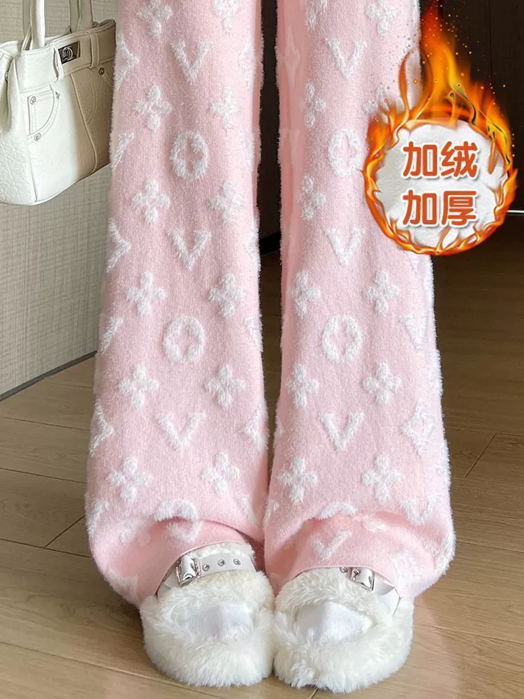 Розовые норковые бархатные жаккардовые широкие брюки женские осенью и зимой бархатные теплые вязаные мягкие клейкие рисовые брюки свободные прямые брюки