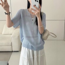 法式撞色竹节麻针织短袖宽松通勤慵懒风女式短袖上衣2026新款爆款