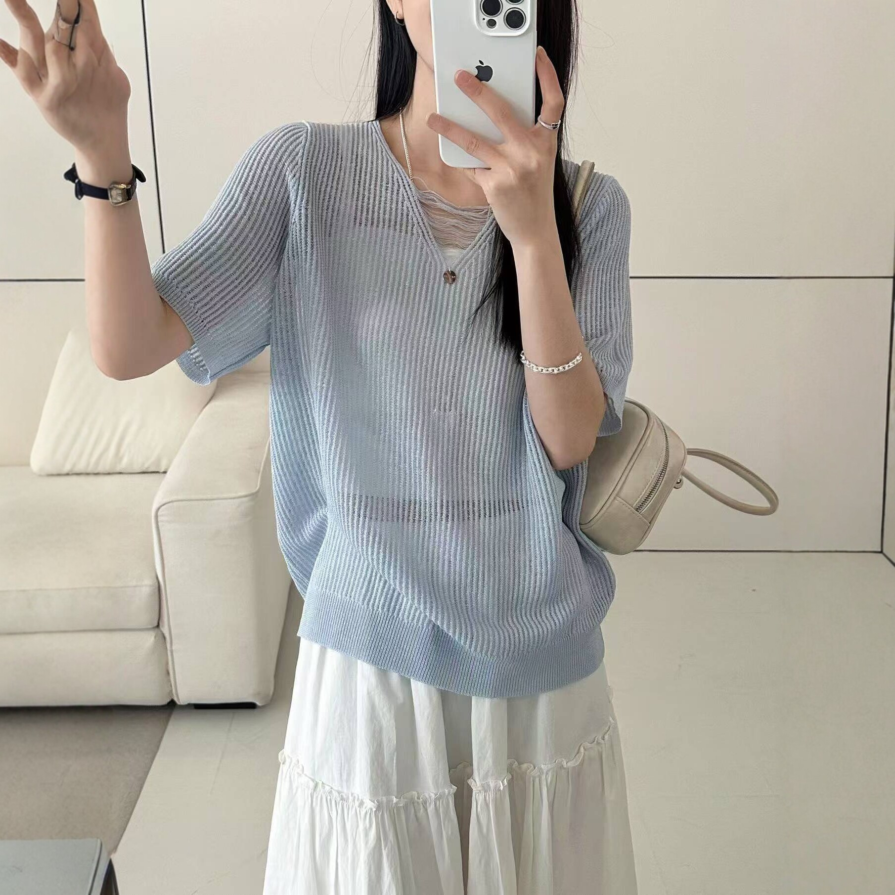 法式撞色竹节麻针织短袖宽松通勤慵懒风女式短袖上衣2026新款爆款