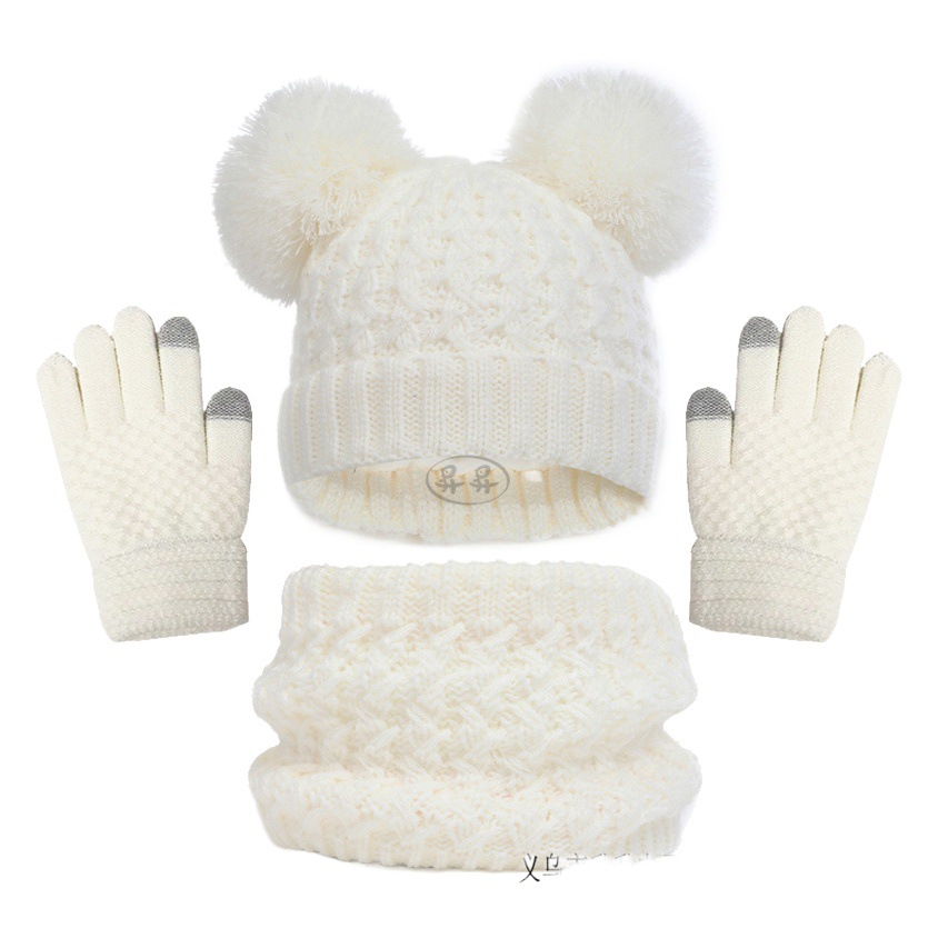 Nueva frontera europea y americana sombrero de los niños bufanda guantes de tres piezas conjunto de otoño e invierno forrado de lana engrosada doble bola bebé sombrero