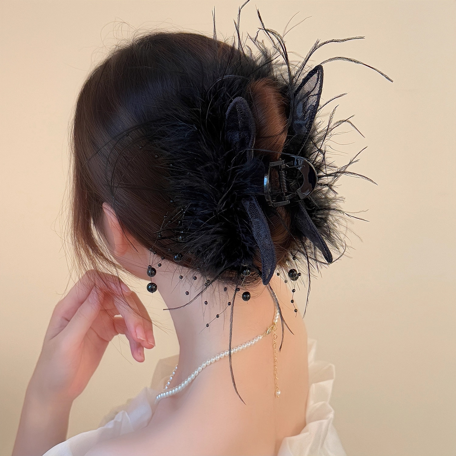 Black Cat Ear Ostrich Feather Beaded Tassel Clip--13cm